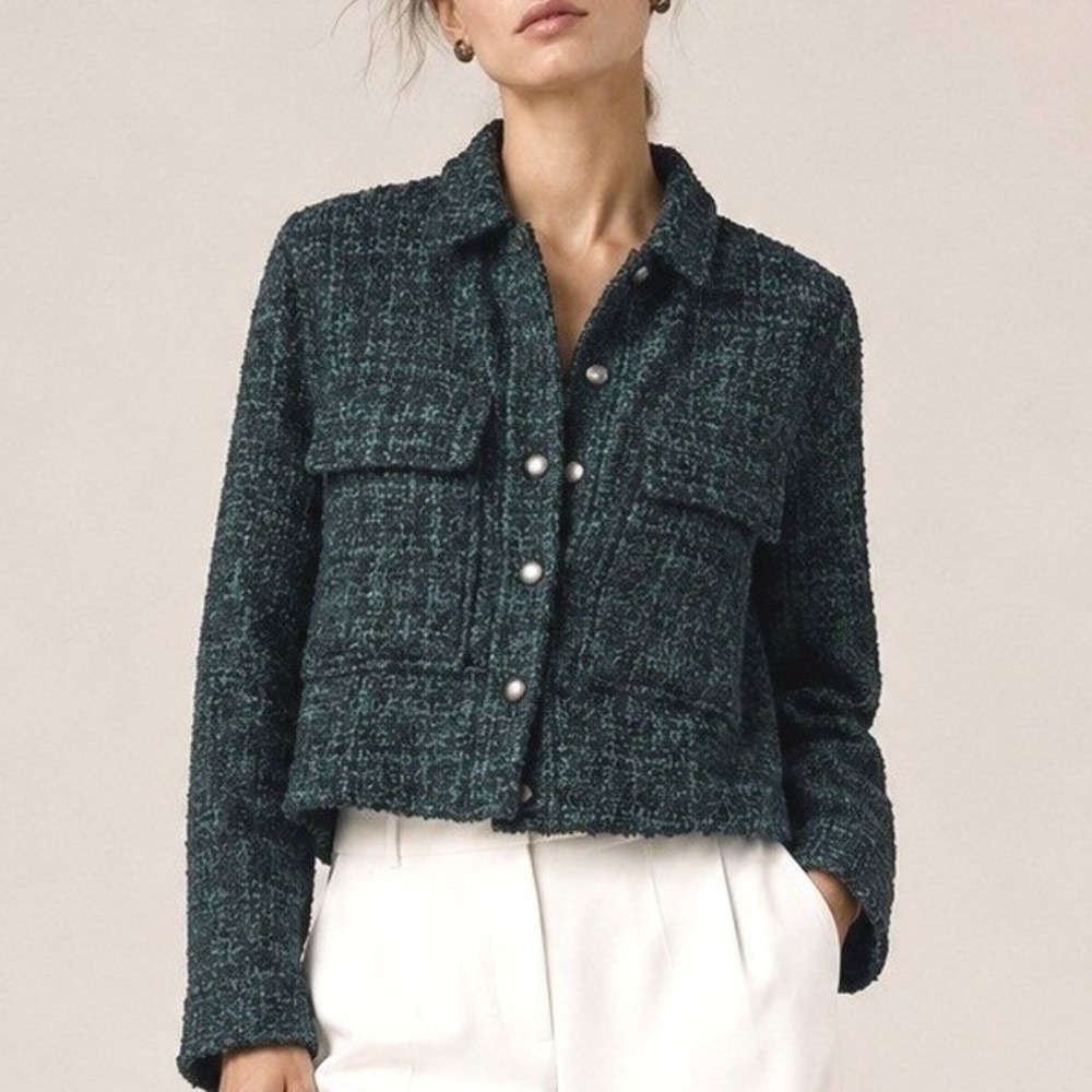 Leith Womens Tweed Cropped Jacket Size M Green Black Shacket Dark Academia Chic
